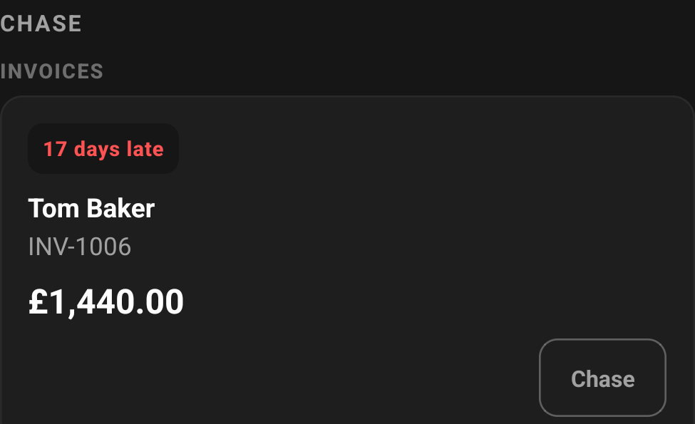 The chase list in YellowTradie, showing an invoice that is 17 days late with the customer name, the invoice number, the amount owed and a Chase button.