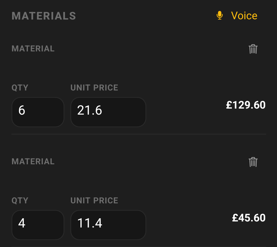 The quote review screen in YellowTradie, showing materials spoken on site turned into line items with quantities, unit prices and totals.